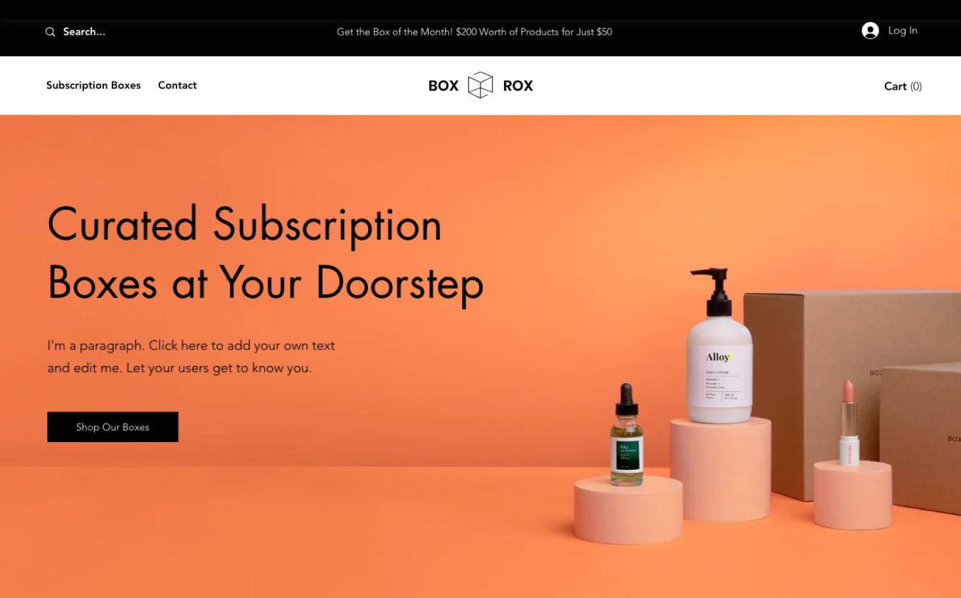 A website design template for an online store selling subscription beauty boxes on Wix.