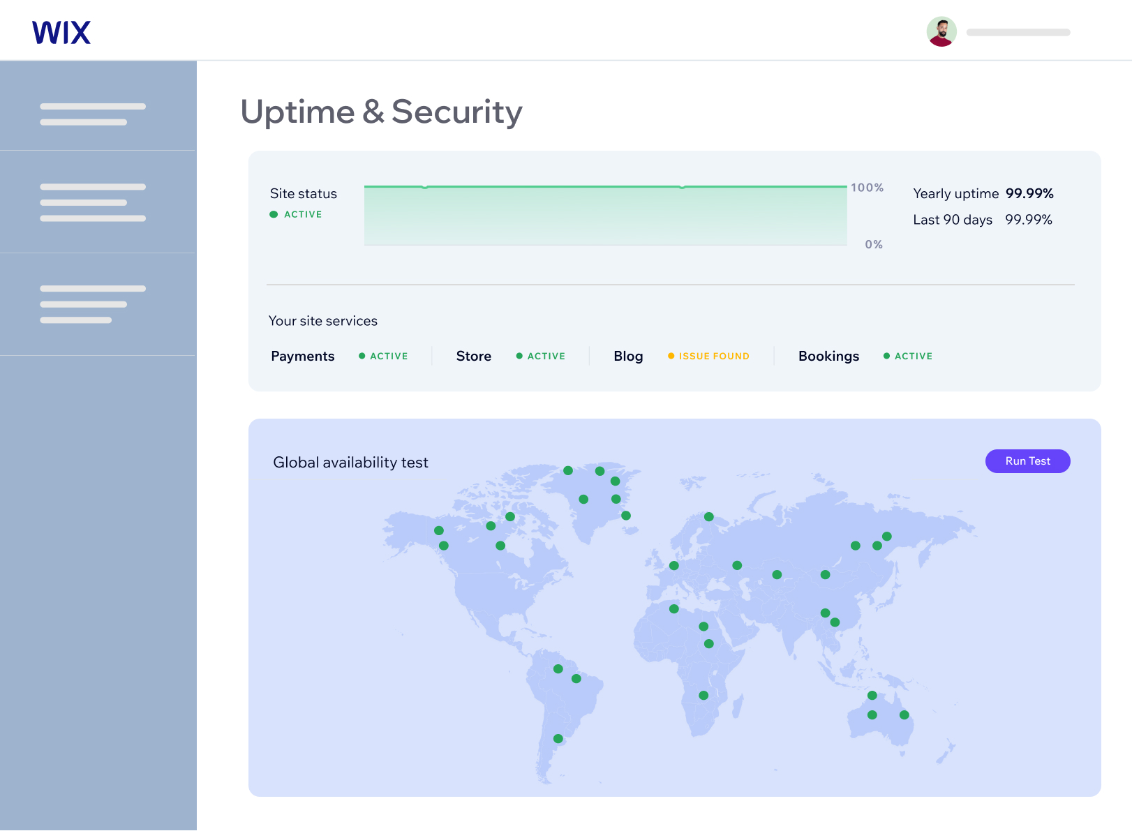 A Wix dashboard displaying secure hosting.