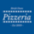 A traditional restaurant logo for a brick oven pizzeria, featuring white serif text and checkered borders on a solid blue background.