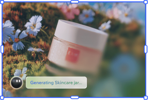 A skincare product concept displayed in Wixel’s editor, with AI generating a styled image of a jar in a floral setting.