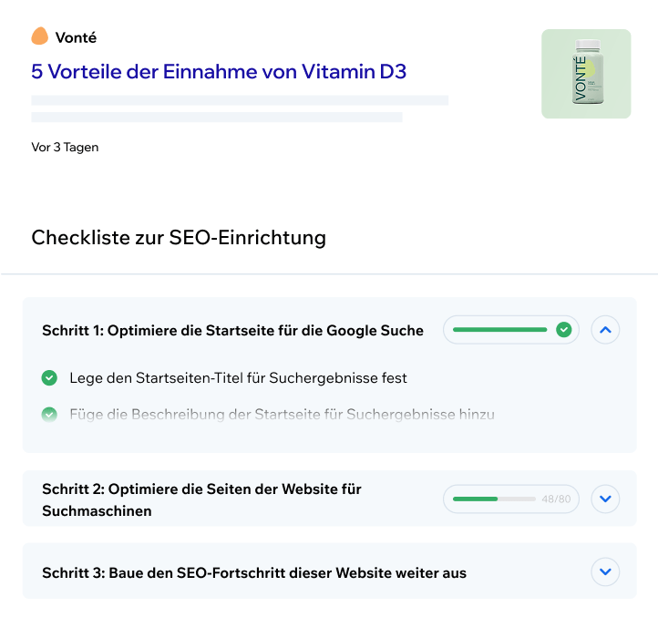 Eine SEO-Setup-Checkliste in einem Website-Baukasten.