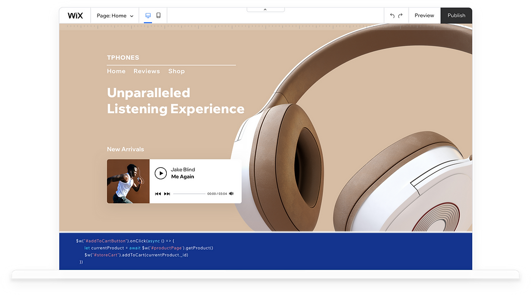 Một máy tính đang hiển thị Wix Editor và quá trình thiết kế trang web Thương mại Điện tử chuyên bán các sản phẩm tai nghe. Trang web giới thiệu một cặp tai nghe khử tiếng ồn màu nâu nhạt đang được bán trong cửa hàng trực tuyến.