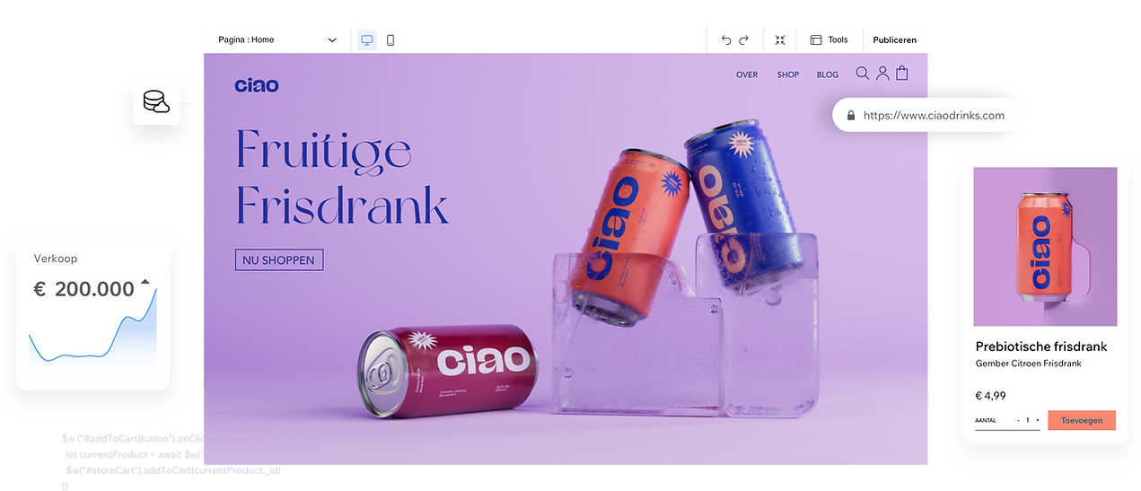 Een eCommerce-site voor een frisdrankbedrijf met een verkoopgrafiek en mobile afrekenproces