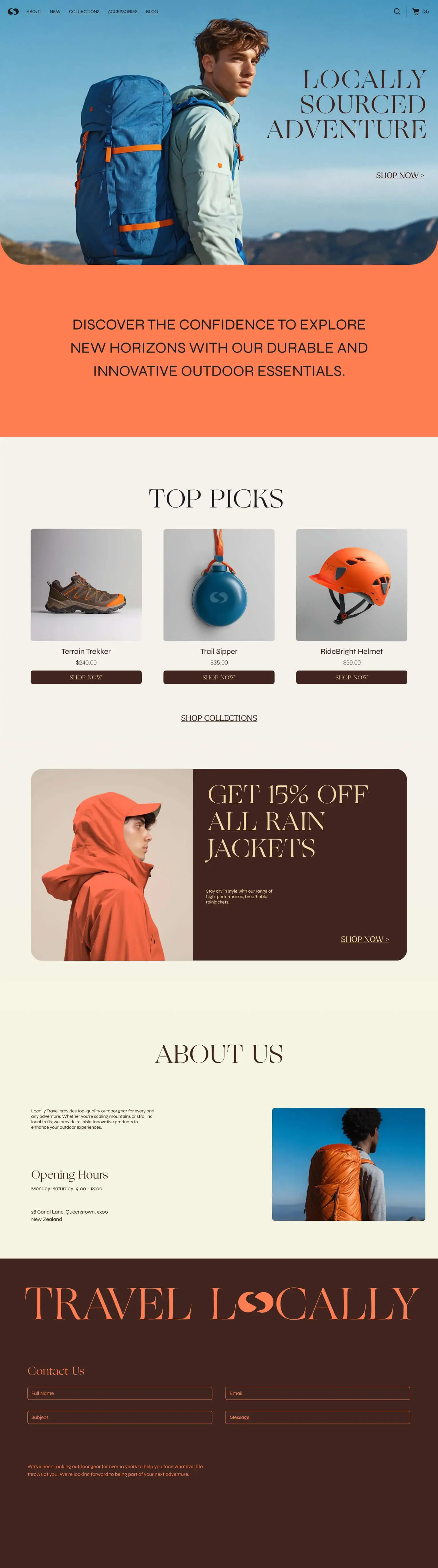 Image of an outdoor gear eComm homepage aligned with its website domain, designed using the Wix website builder.
