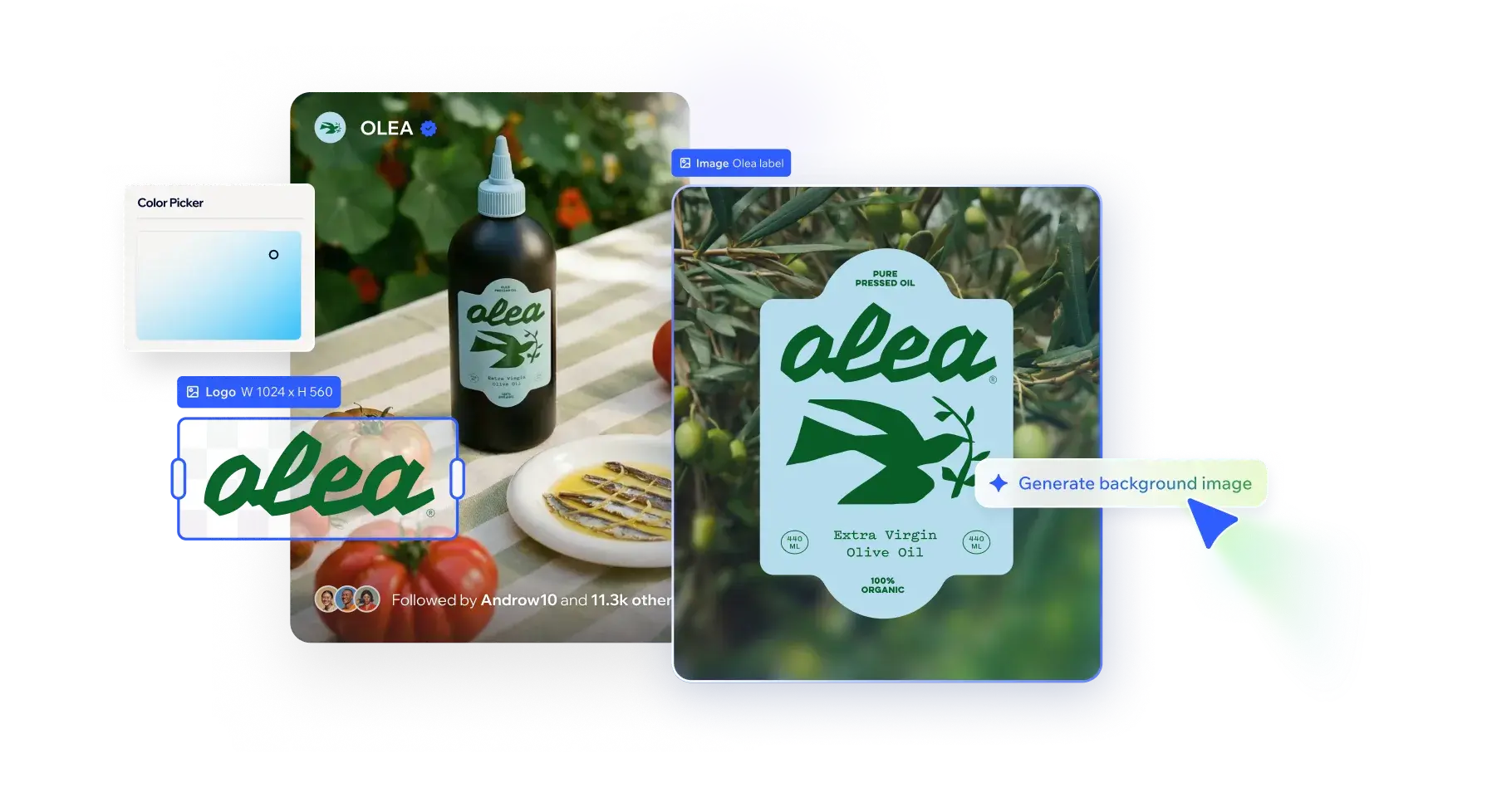 A dark green logo for Olea olive oil features a stylized dove holding a branch. The logo and brand colors are shown applied to a product bottle on a table, and used to generate a full social media post with a matching background of olive leaves.